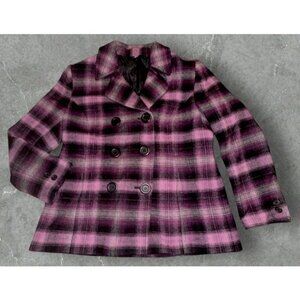 Chadwicks Wool Pea Coat Women Sz‎ 16 Purple Plaid Double Breasted Button Front